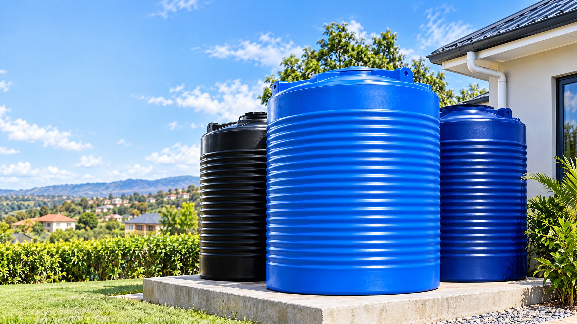 Illustrative blue and black ribbed water tanks beside a house
